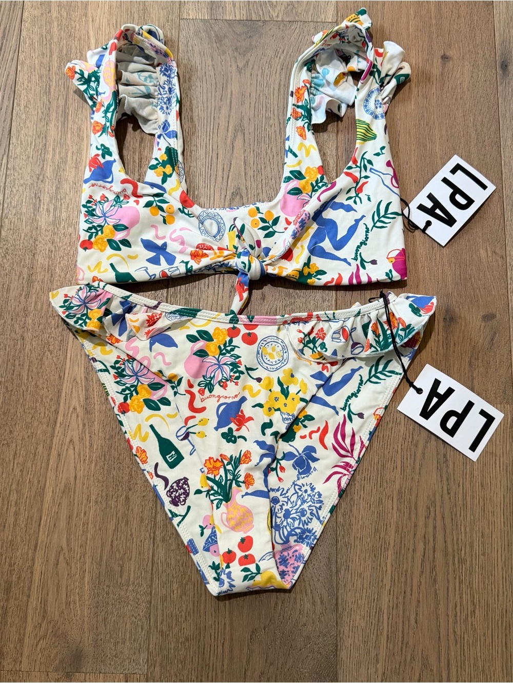 LPA Floral Print Ruffle Bikini Set - Cream with Multicolor Prints